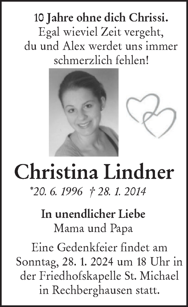 Traueranzeige für Christina Lindner vom 27.01.2024 aus NWZ Neue Württembergische Zeitung