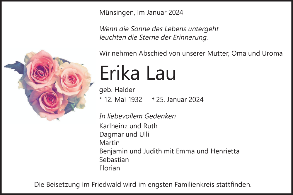  Traueranzeige für Erika Lau vom 31.01.2024 aus Alb-Bote/Metzinger-Uracher Volksblatt