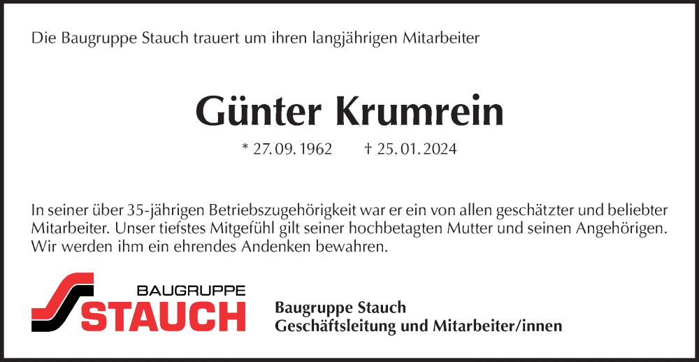 Traueranzeige für Günter Krumrein vom 31.01.2024 aus Hohenloher Tagblatt
