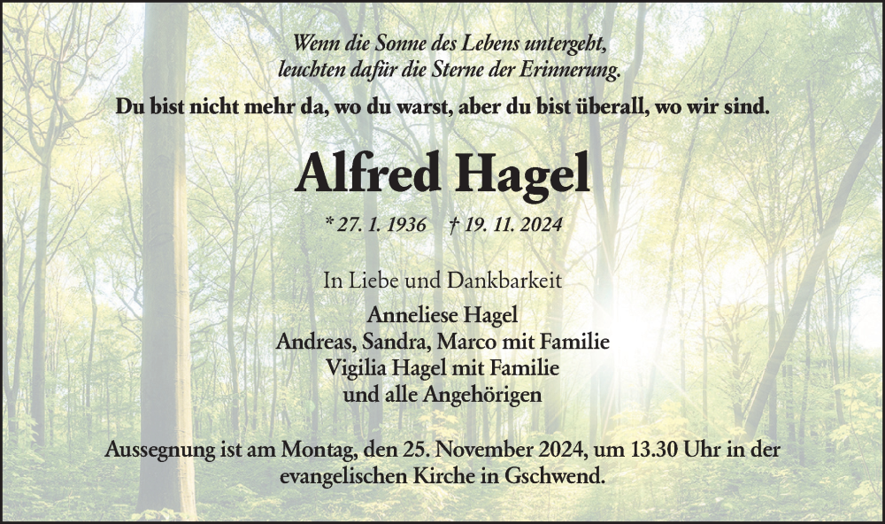  Traueranzeige für Alfred Hagel vom 23.11.2024 aus Rundschau Gaildorf