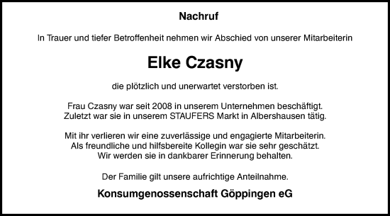 Traueranzeige von Elke Czasny von NWZ Neue Württembergische Zeitung