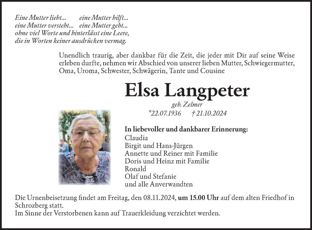  Traueranzeige für Elsa Langpeter vom 04.11.2024 aus Hohenloher Tagblatt