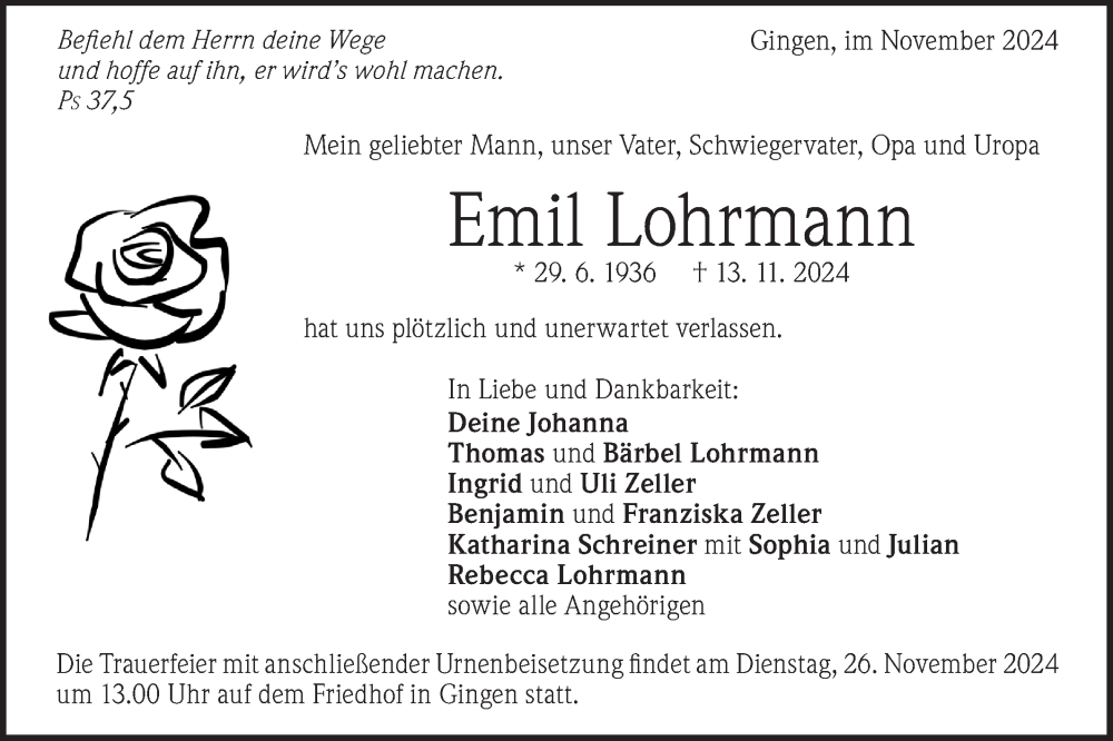  Traueranzeige für Emil Lohrmann vom 21.11.2024 aus Geislinger Zeitung