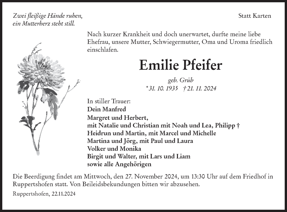  Traueranzeige für Emilie Pfeifer vom 25.11.2024 aus Haller Tagblatt/Hohenloher Tagblatt