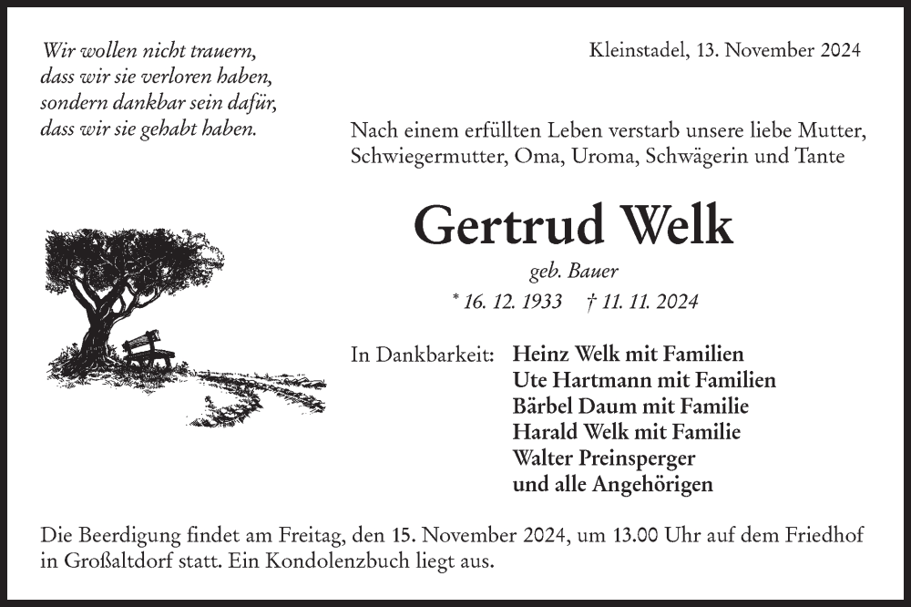  Traueranzeige für Gertrud Welk vom 13.11.2024 aus Haller Tagblatt