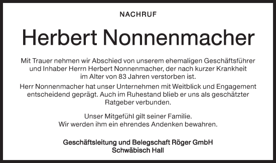Traueranzeige von Herbert Nonnenmacher von Haller Tagblatt