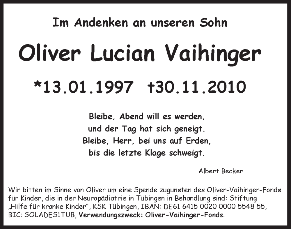 Traueranzeige für Oliver Lucian Vaihinger vom 30.11.2024 aus Schwäbische Tagblatt