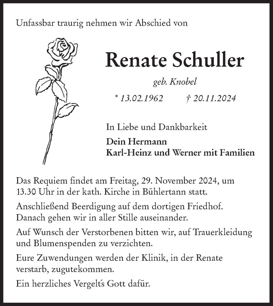  Traueranzeige für Renate Schuller vom 26.11.2024 aus Haller Tagblatt