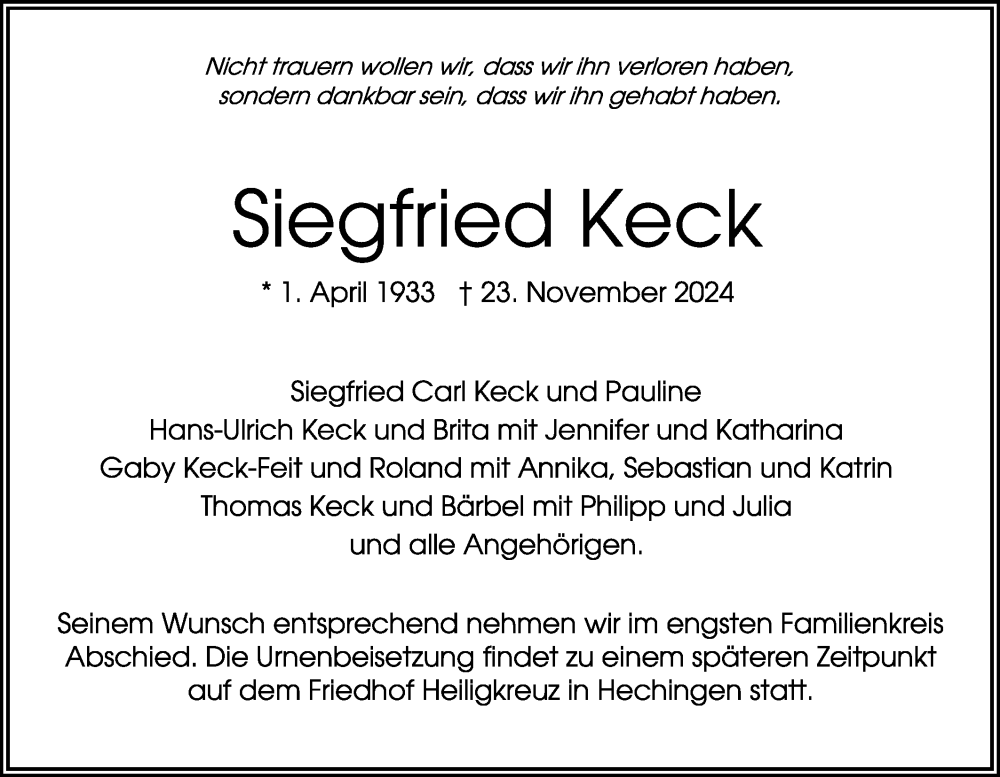  Traueranzeige für Siegfried Keck vom 26.11.2024 aus SÜDWEST PRESSE Zollernalbkreis/Hohenzollerische Zeitung