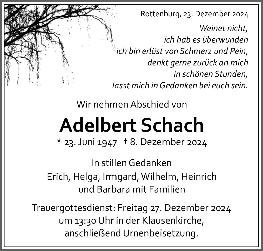  Traueranzeige für Adelbert Schach vom 24.12.2024 aus Schwäbische Tagblatt