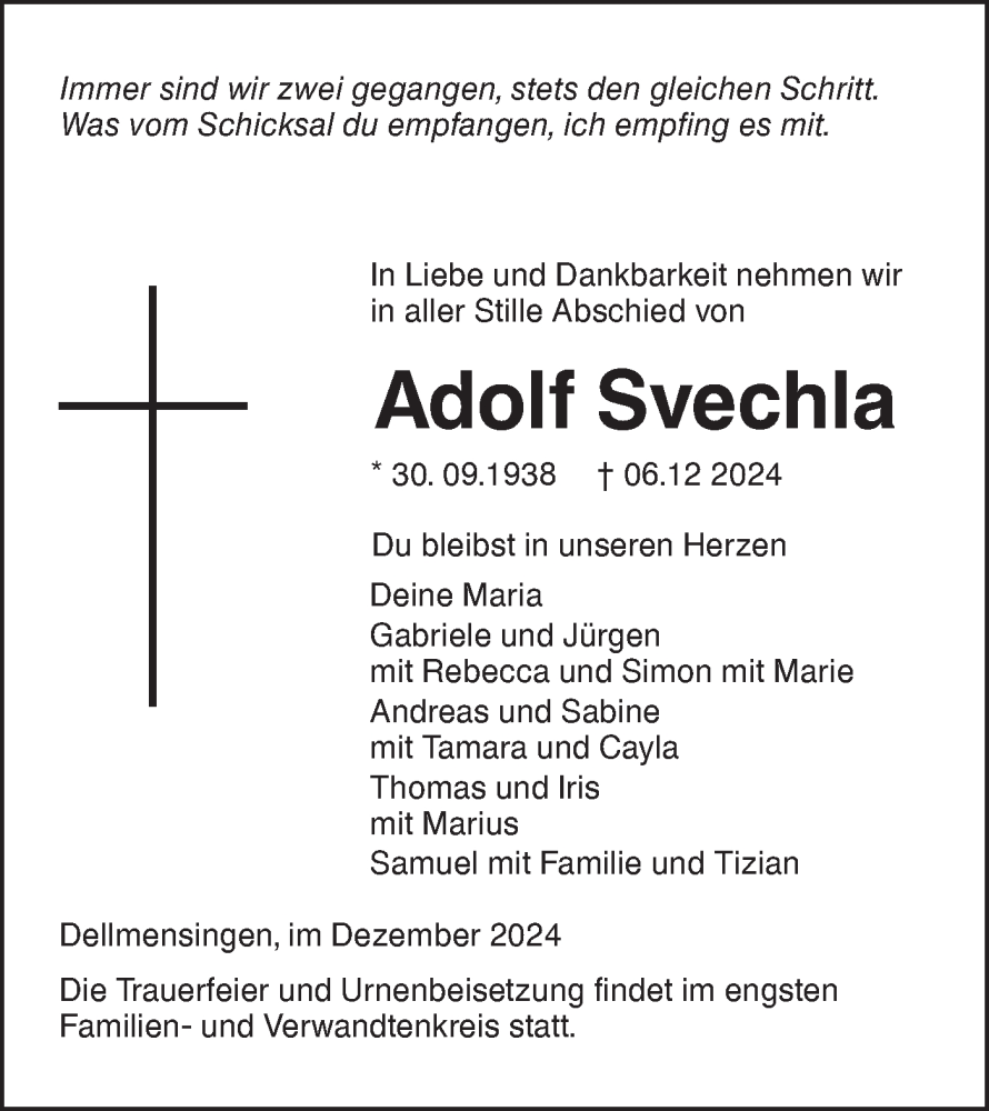  Traueranzeige für Adolf Svechla vom 13.12.2024 aus SÜDWEST PRESSE Ausgabe Ulm/Neu-Ulm