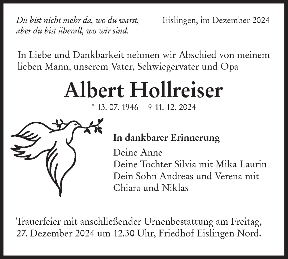  Traueranzeige für Albert Hollreiser vom 21.12.2024 aus NWZ Neue Württembergische Zeitung