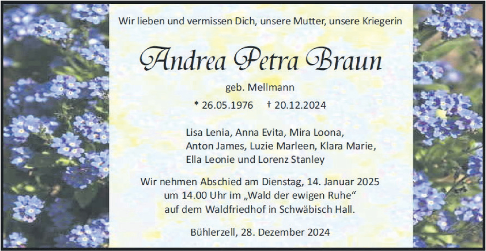  Traueranzeige für Andrea  Braun vom 28.12.2024 aus Haller Tagblatt