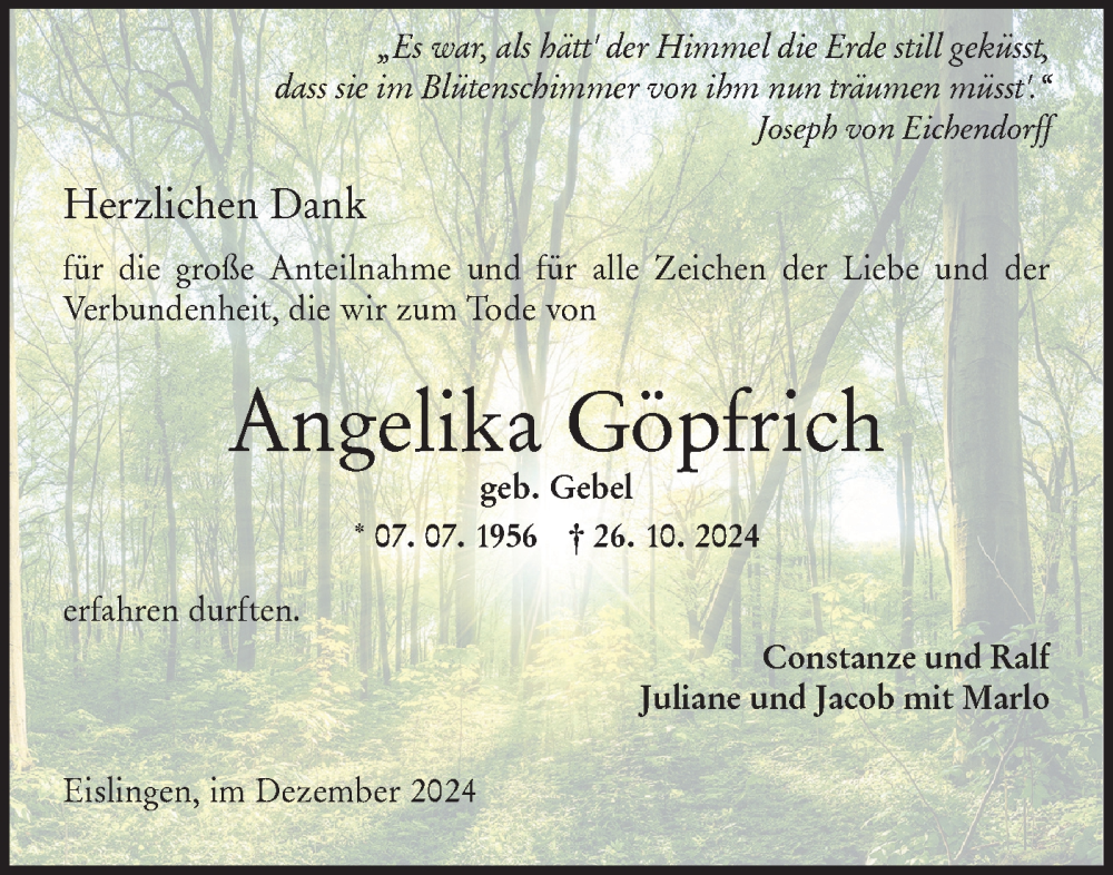  Traueranzeige für Angelika Göpfrich vom 13.12.2024 aus NWZ Neue Württembergische Zeitung