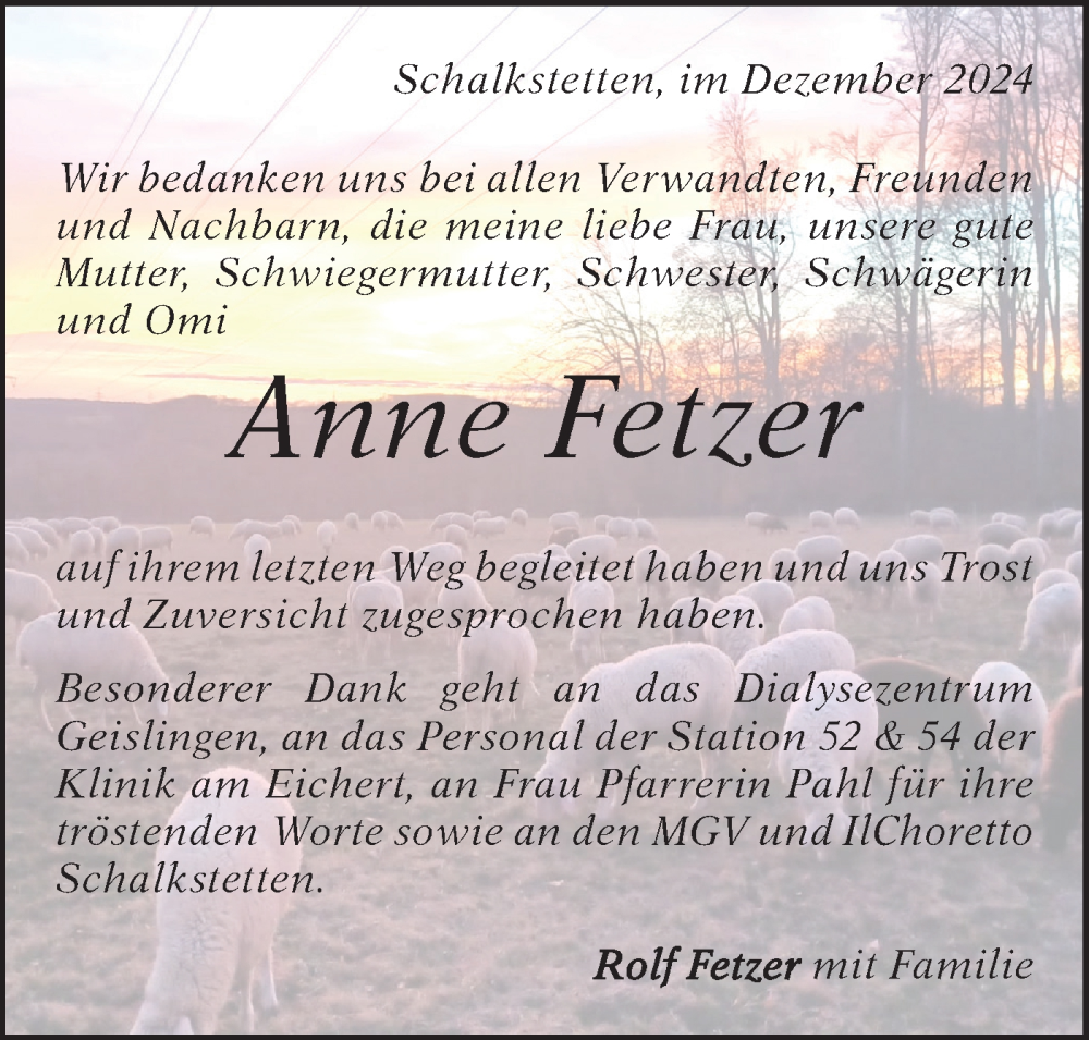  Traueranzeige für Anne Fetzer vom 14.12.2024 aus Geislinger Zeitung