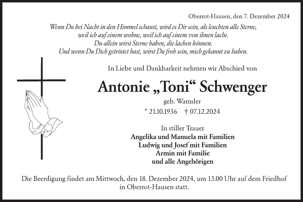  Traueranzeige für Antonie Schwenger vom 14.12.2024 aus Rundschau Gaildorf
