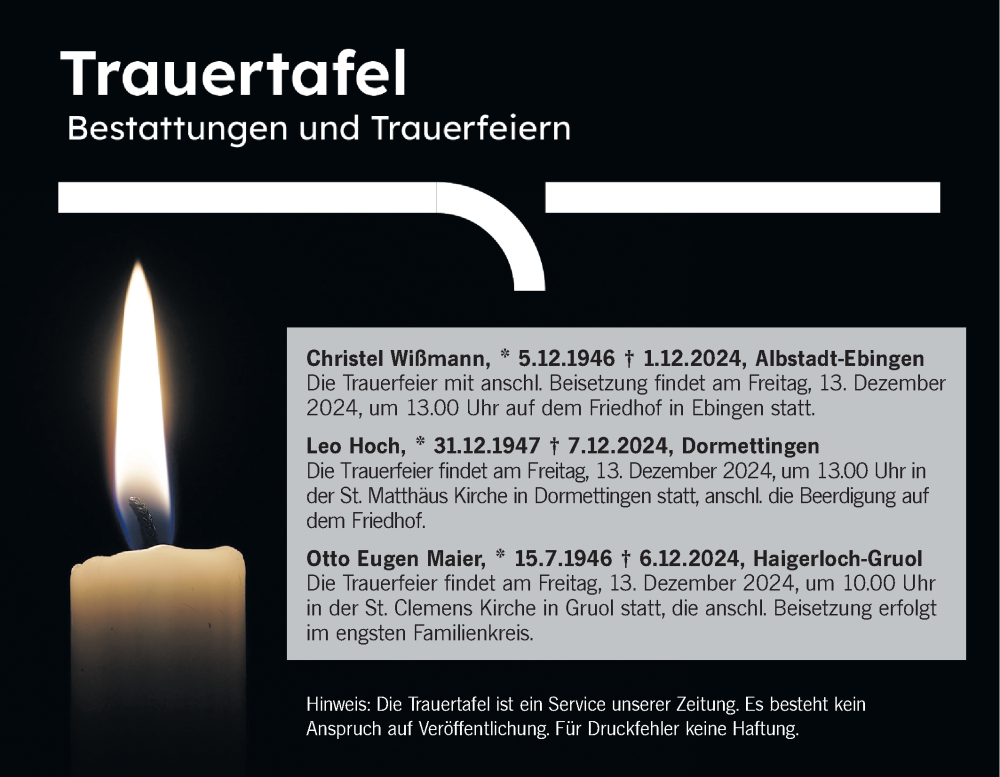  Traueranzeige für Bestattungen vom 12.12.2024 vom 12.12.2024 aus SÜDWEST PRESSE Zollernalbkreis/Hohenzollerische Zeitung