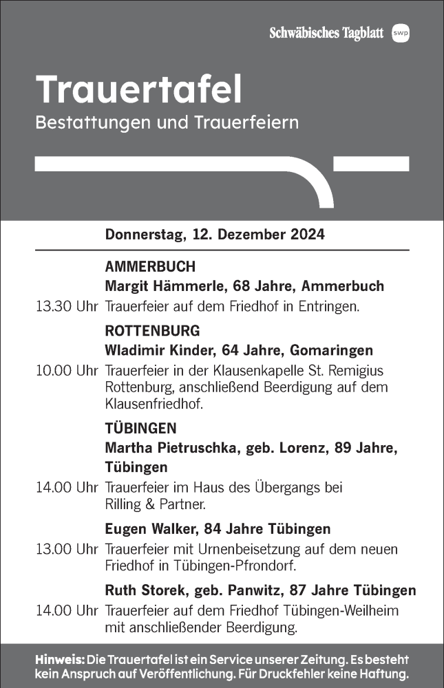  Traueranzeige für Bestattungen vom 12.12.2024 vom 12.12.2024 aus Schwäbische Tagblatt