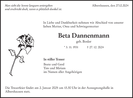 Traueranzeige von Beta Dannenmann von NWZ Neue Württembergische Zeitung