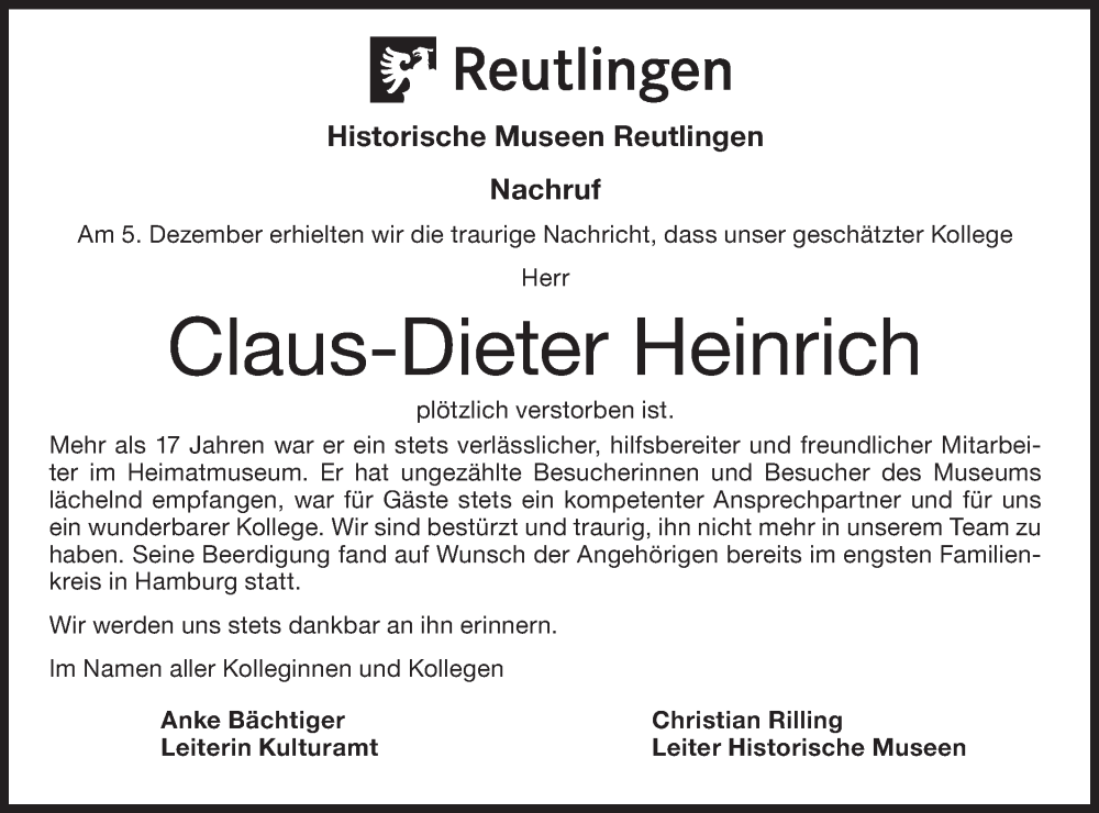  Traueranzeige für Claus-Dieter Heinrich vom 23.12.2024 aus Alb-Bote/Metzinger-Uracher Volksblatt
