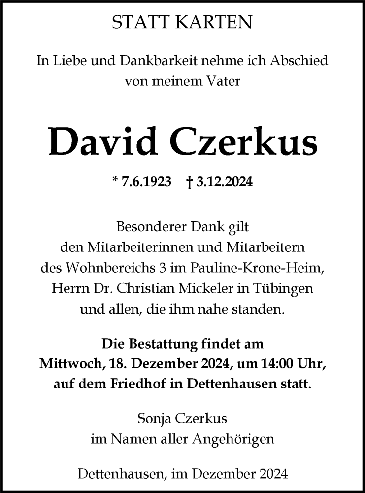  Traueranzeige für David Czerkus vom 14.12.2024 aus Schwäbische Tagblatt