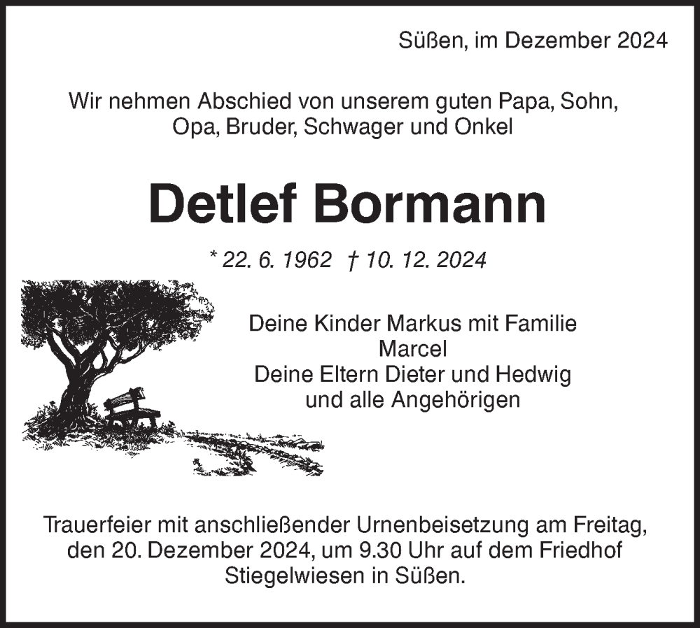  Traueranzeige für Detlef Bormann vom 16.12.2024 aus NWZ Neue Württembergische Zeitung