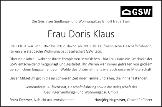 Traueranzeige von Doris Klaus von Geislinger Zeitung