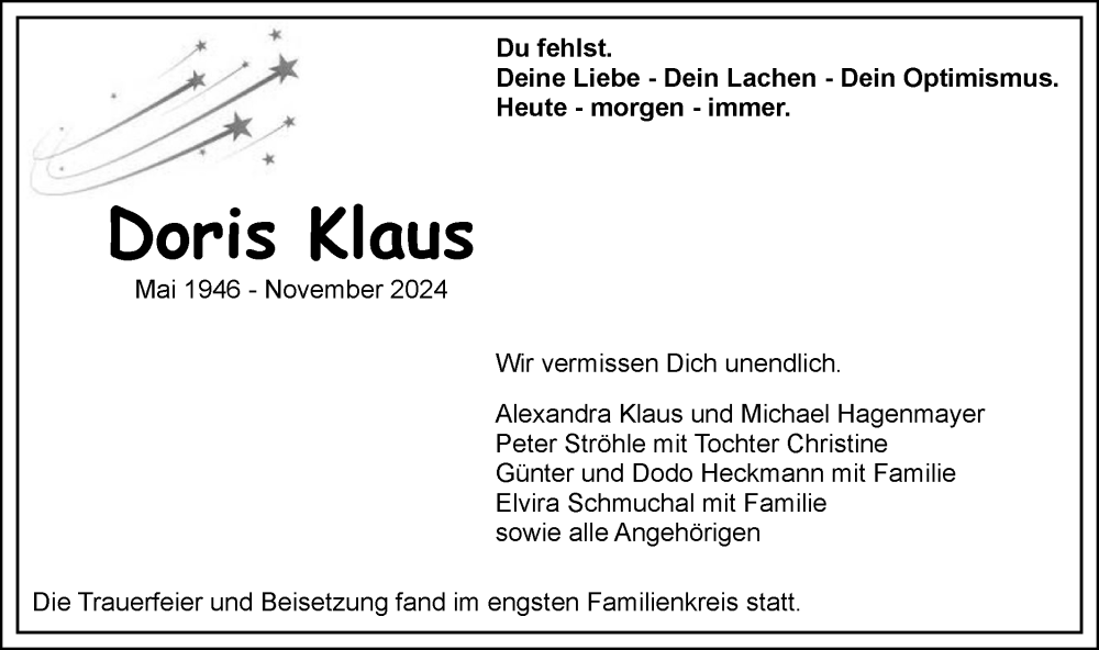  Traueranzeige für Doris Klaus vom 13.12.2024 aus Geislinger Zeitung