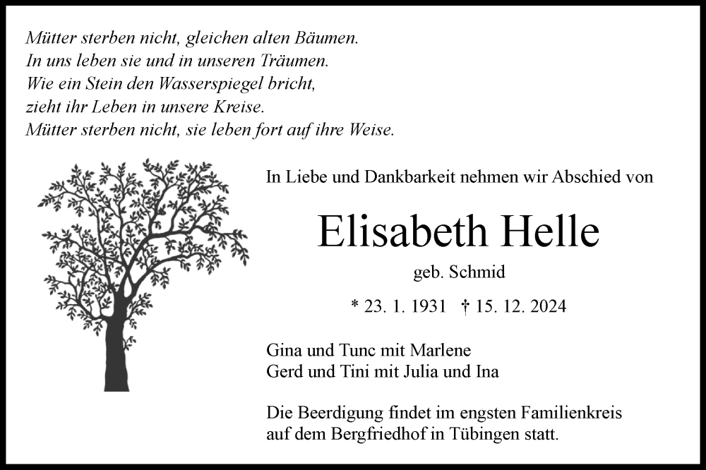  Traueranzeige für Elisabeth Helle vom 27.12.2024 aus Schwäbische Tagblatt