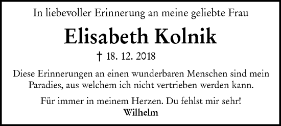 Traueranzeige von Elisabeth Kolnik von NWZ Neue Württembergische Zeitung