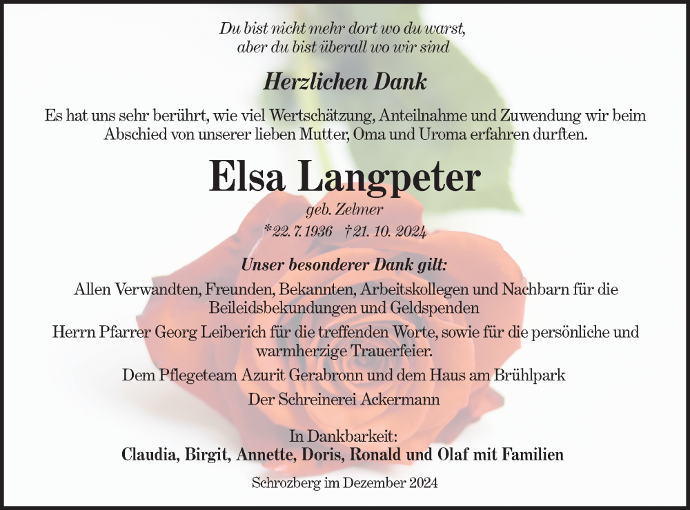  Traueranzeige für Elsa Langpeter vom 14.12.2024 aus Hohenloher Tagblatt