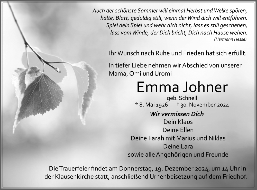  Traueranzeige für Emma Johner vom 14.12.2024 aus Schwäbische Tagblatt