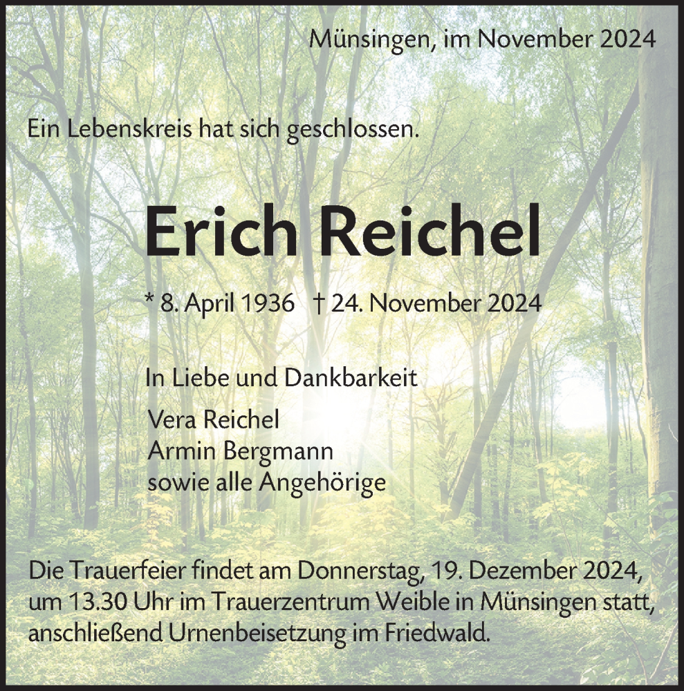  Traueranzeige für Erich Reichel vom 07.12.2024 aus Alb-Bote/Metzinger-Uracher Volksblatt