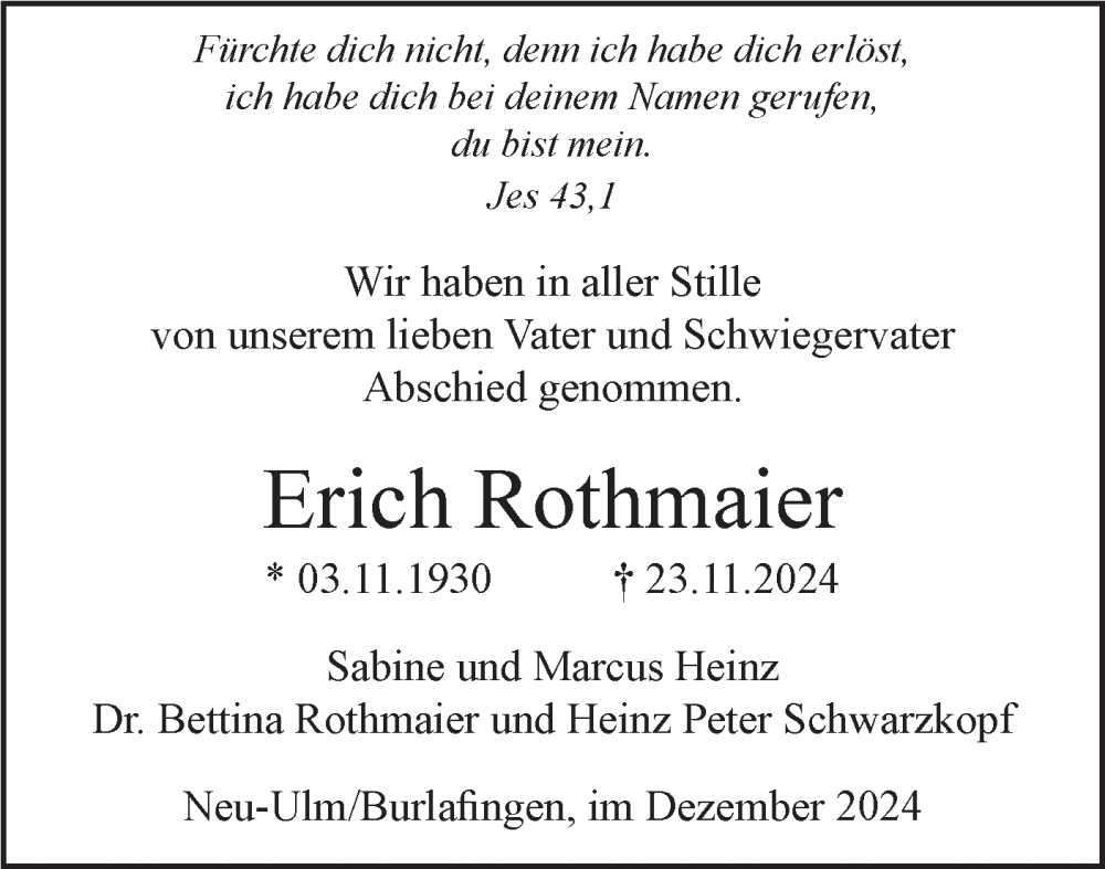  Traueranzeige für Erich Rothmaier vom 14.12.2024 aus SÜDWEST PRESSE Ausgabe Ulm/Neu-Ulm