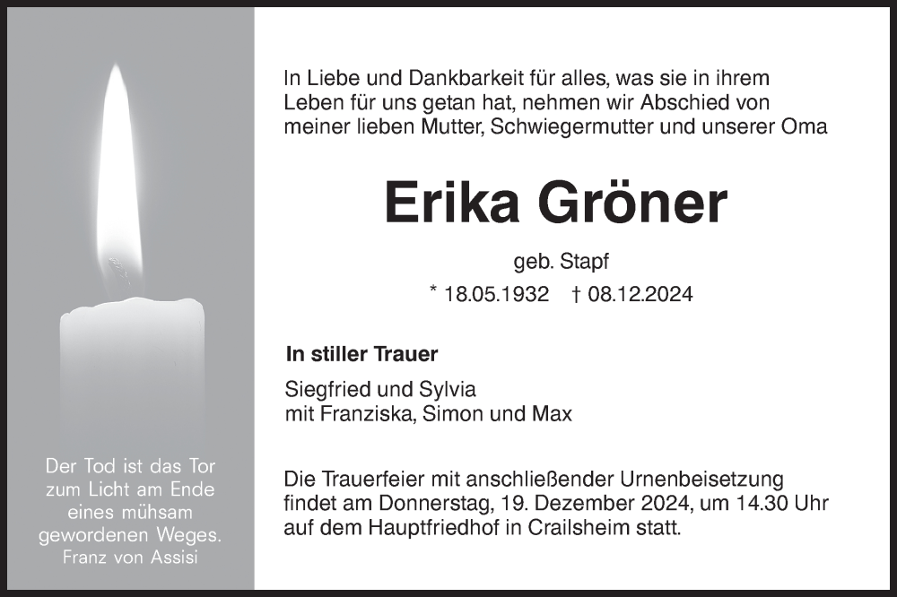  Traueranzeige für Erika Gröner vom 16.12.2024 aus Hohenloher Tagblatt