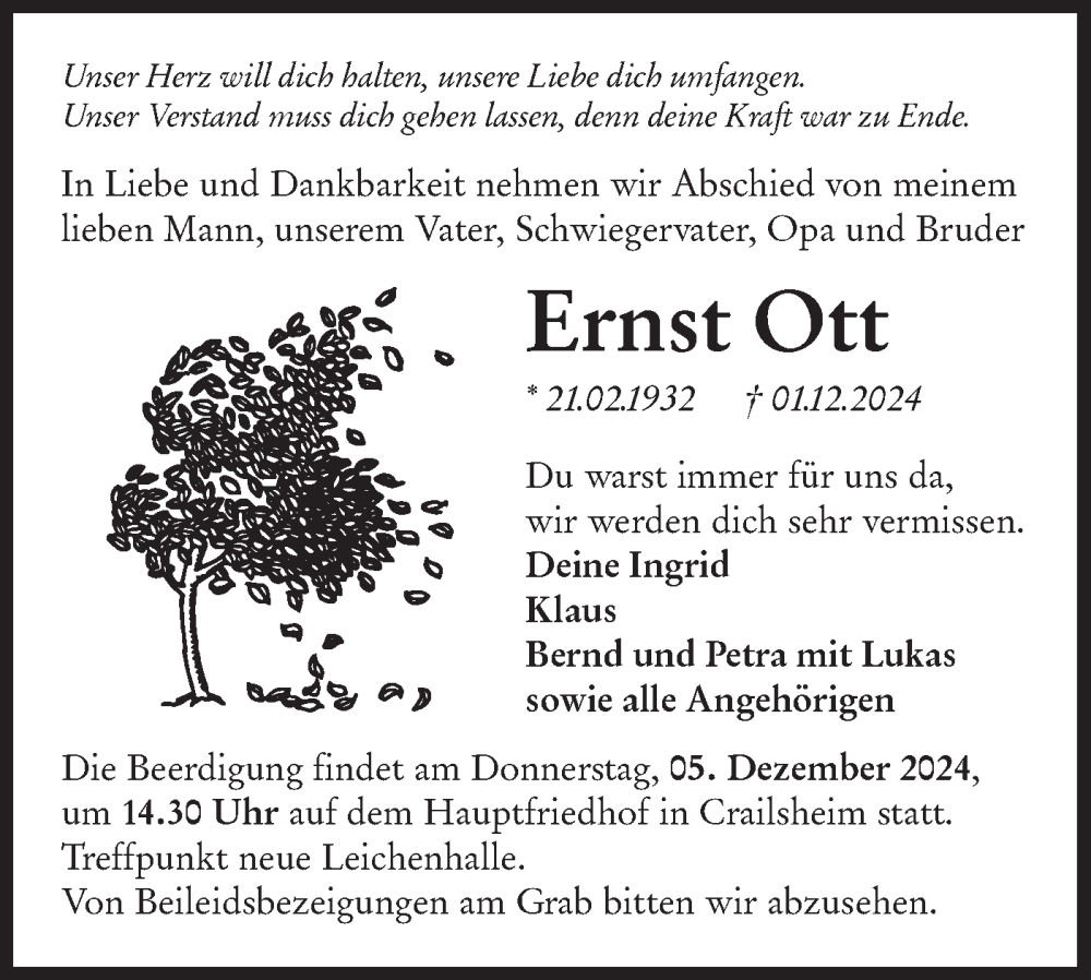  Traueranzeige für Ernst Ott vom 05.12.2024 aus Hohenloher Tagblatt