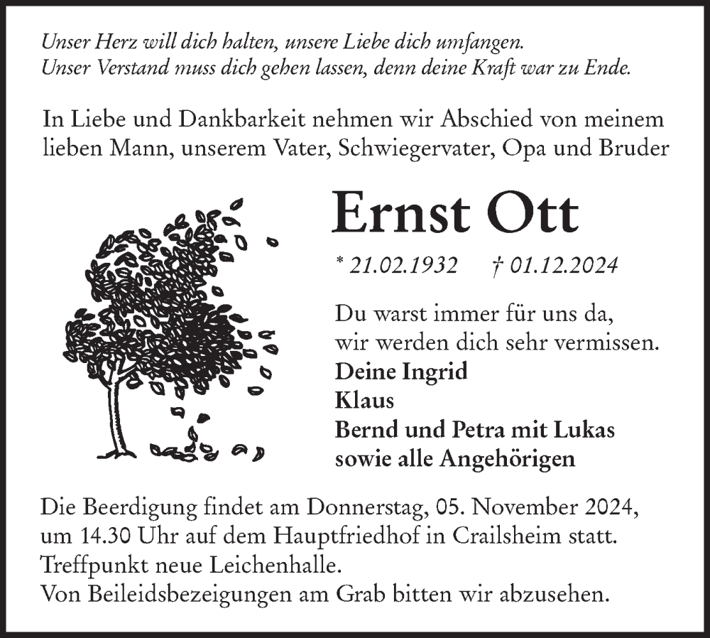  Traueranzeige für Ernst Ott vom 03.12.2024 aus Hohenloher Tagblatt