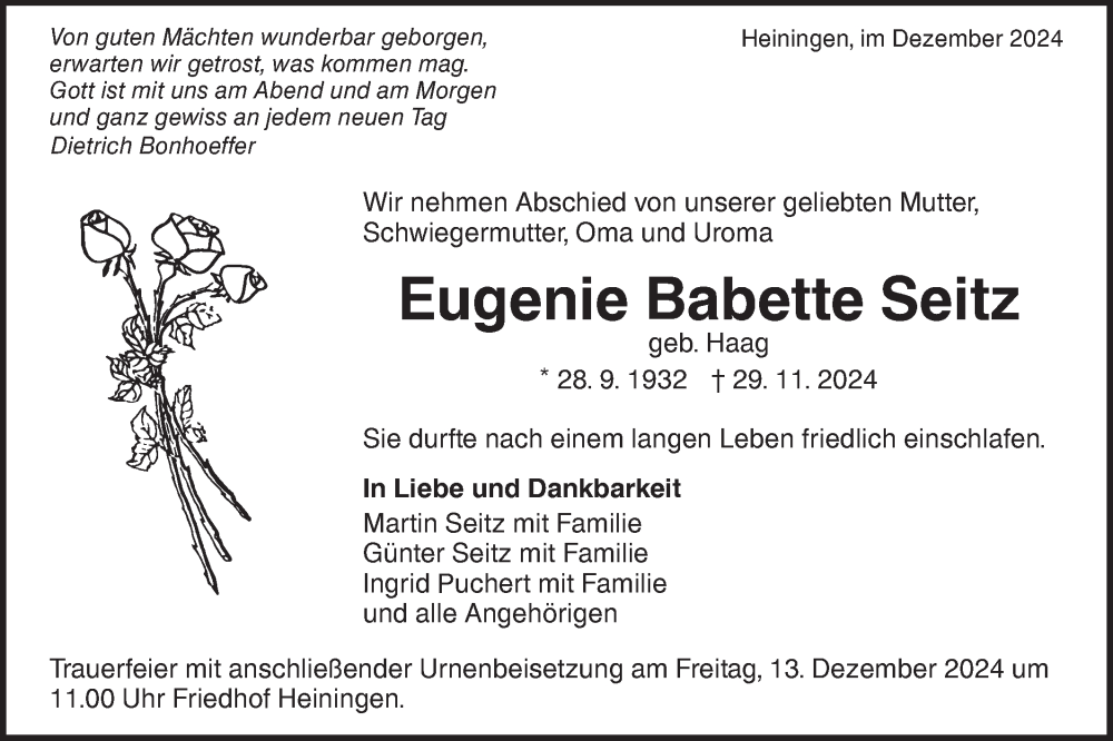  Traueranzeige für Eugenie Babette Seitz vom 07.12.2024 aus NWZ Neue Württembergische Zeitung