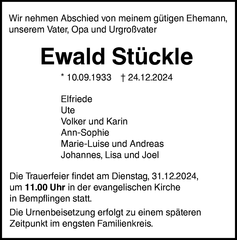  Traueranzeige für Ewald Stückle vom 28.12.2024 aus Alb-Bote/Metzinger-Uracher Volksblatt