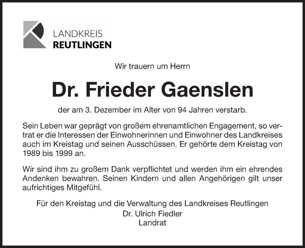  Traueranzeige für Frieder Gaenslen vom 11.12.2024 aus Alb-Bote/Metzinger-Uracher Volksblatt