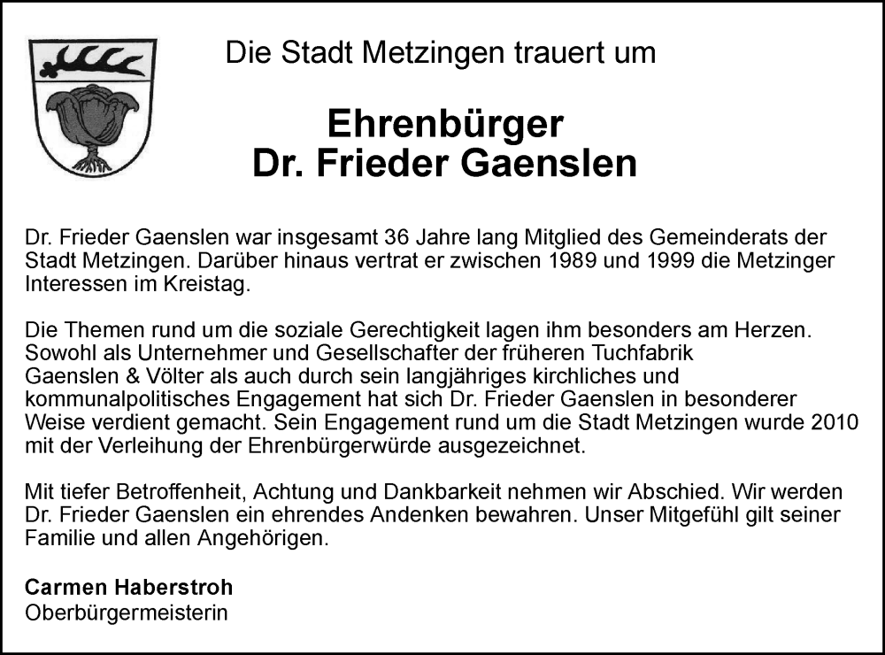  Traueranzeige für Frieder Gaenslen vom 10.12.2024 aus Alb-Bote/Metzinger-Uracher Volksblatt