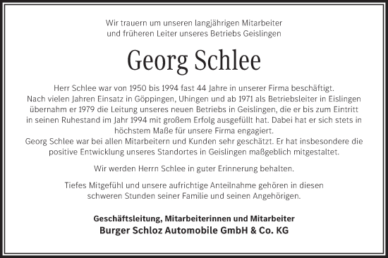 Traueranzeige von Georg Schlee von NWZ Neue Württembergische Zeitung/Geislinger Zeitung