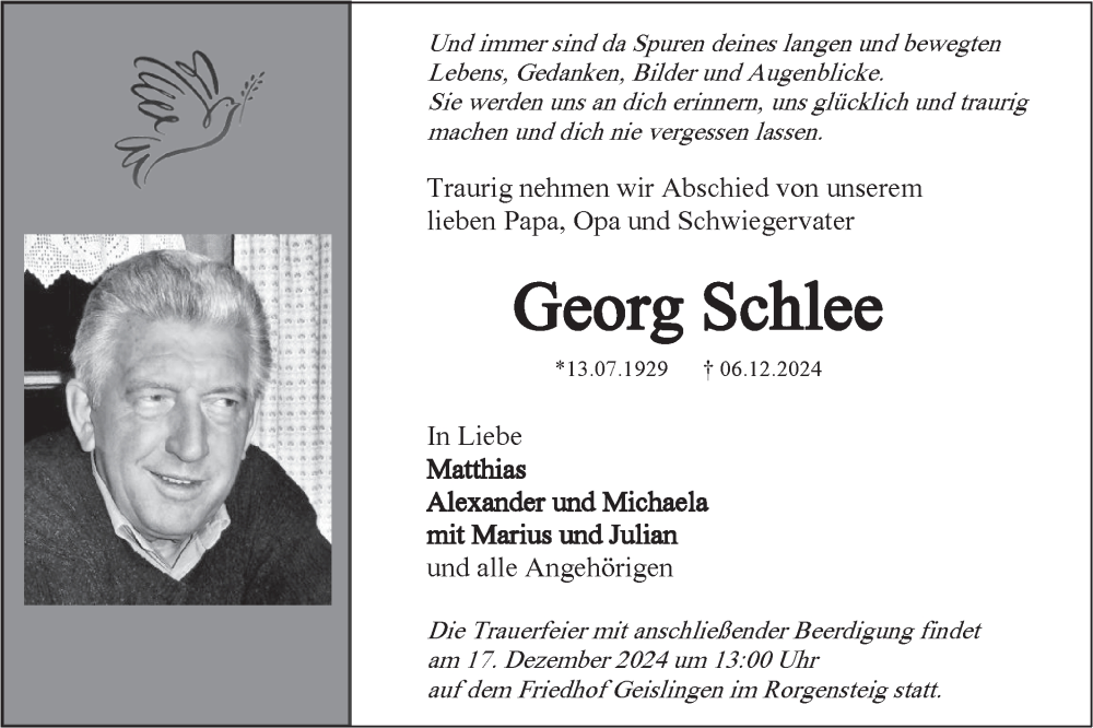 Traueranzeige für Georg Schlee vom 13.12.2024 aus NWZ Neue Württembergische Zeitung/Geislinger Zeitung