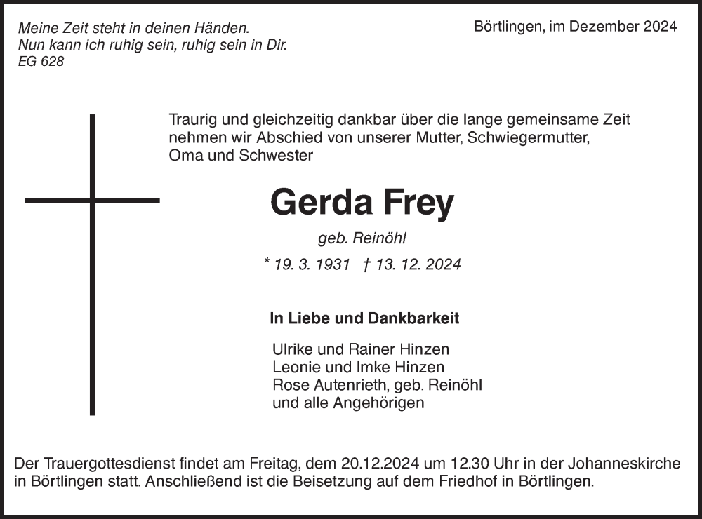  Traueranzeige für Gerda Frey vom 17.12.2024 aus NWZ Neue Württembergische Zeitung