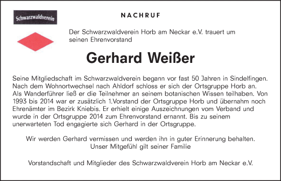 Traueranzeige von Gerhard Weißer von Schwäbische Tagblatt
