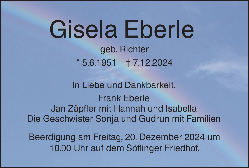  Traueranzeige für Gisela Eberle vom 14.12.2024 aus SÜDWEST PRESSE Ausgabe Ulm/Neu-Ulm