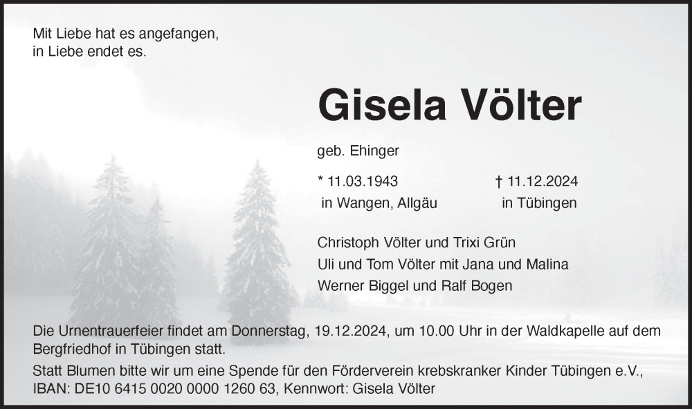  Traueranzeige für Gisela Völter vom 14.12.2024 aus Schwäbische Tagblatt