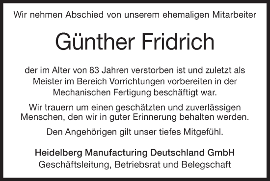 Traueranzeige von Günther Fridrich von Geislinger Zeitung