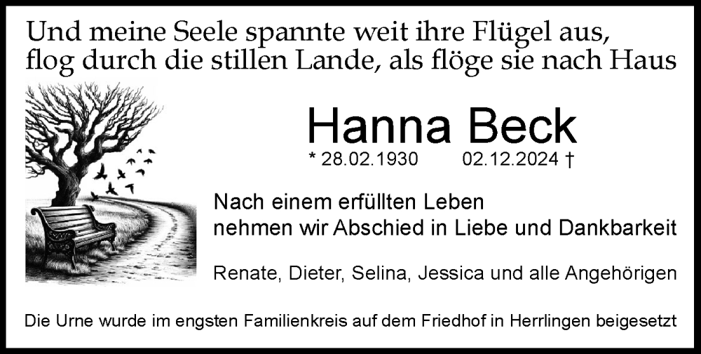  Traueranzeige für Hanna Beck vom 17.12.2024 aus SÜDWEST PRESSE Ausgabe Ulm/Neu-Ulm