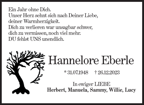 Traueranzeige von Hannelore Eberle von Hohenloher Tagblatt